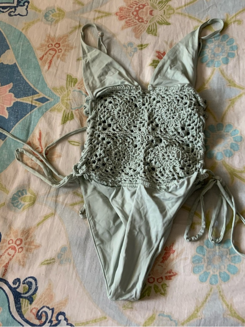 Frankie's Bikinis Light Sage Crochet One-Piece Swimsuit